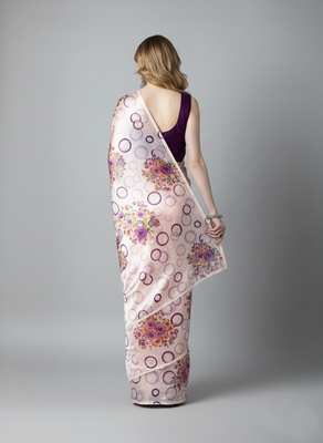 Purple printed satin saree with blouse piece 2