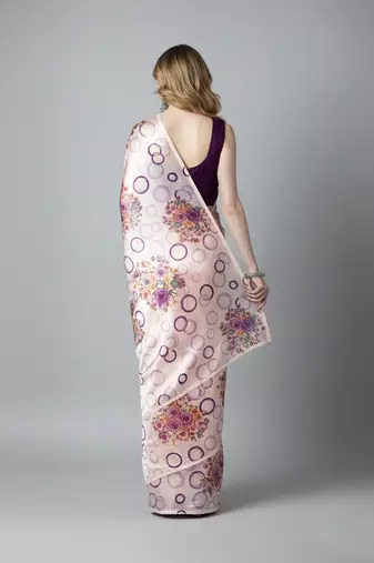 Purple printed satin saree with blouse piece