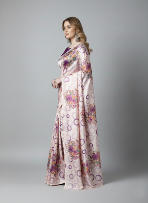 Purple printed satin saree with blouse piece 3