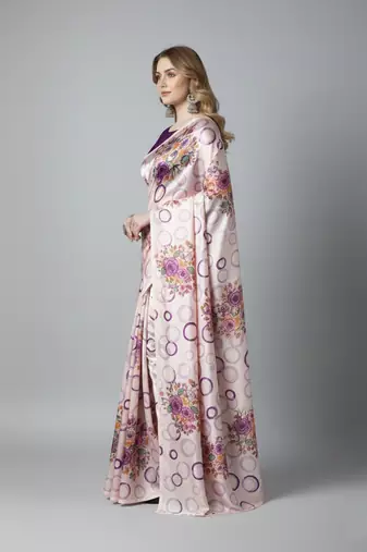 Purple printed satin saree with blouse piece