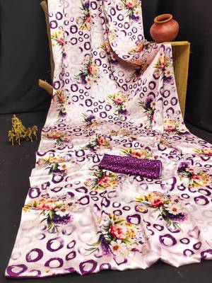 Purple printed satin saree with blouse piece 4