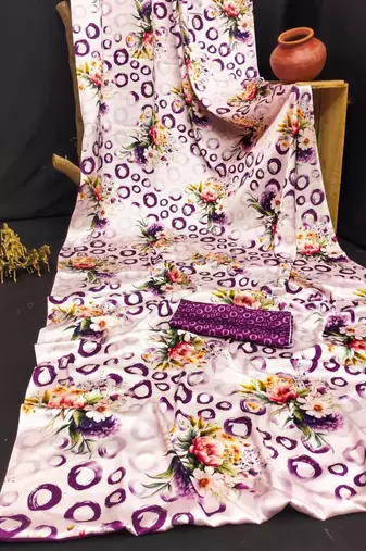 Purple printed satin saree with blouse piece