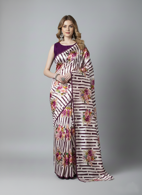 Wine printed satin saree with blouse piece 1