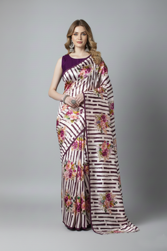 Wine printed satin saree with blouse piece
