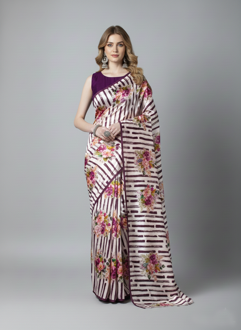 Wine printed satin saree with blouse piece