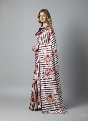 Wine printed satin saree with blouse piece 2