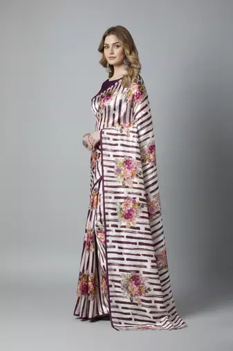 Wine printed satin saree with blouse piece