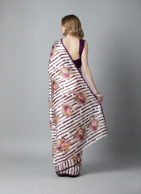 Wine printed satin saree with blouse piece 3