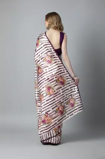 Wine printed satin saree with blouse piece