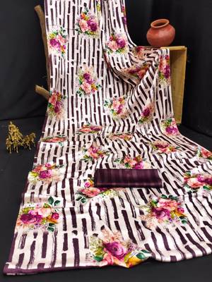 Wine printed satin saree with blouse piece 4