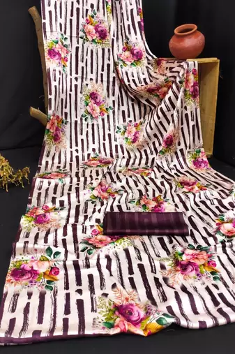 Wine printed satin saree with blouse piece