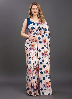 Cream printed satin saree with blouse piece 1