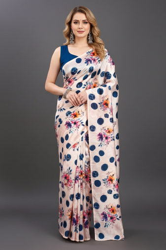 Cream printed satin saree with blouse piece