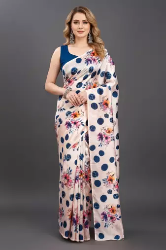 Cream printed satin saree with blouse piece
