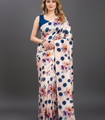Cream printed satin saree with blouse piece