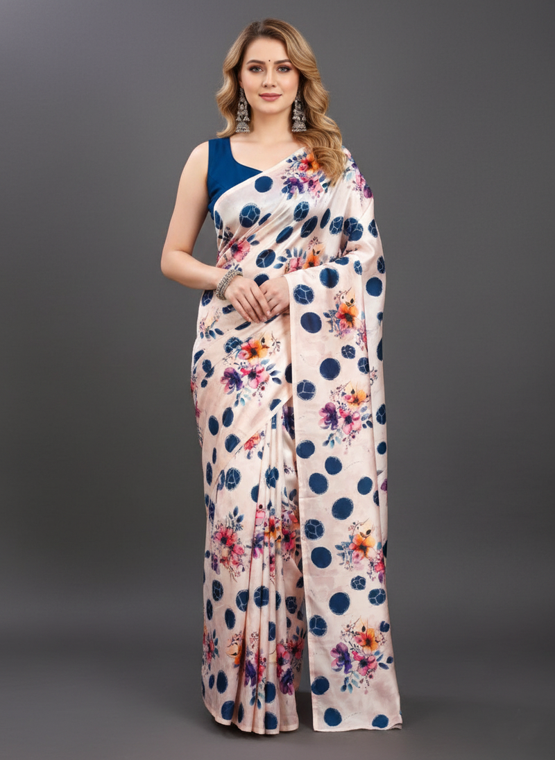 Cream printed satin saree with blouse piece