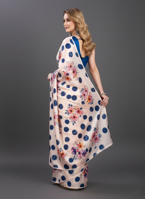 Cream printed satin saree with blouse piece 2