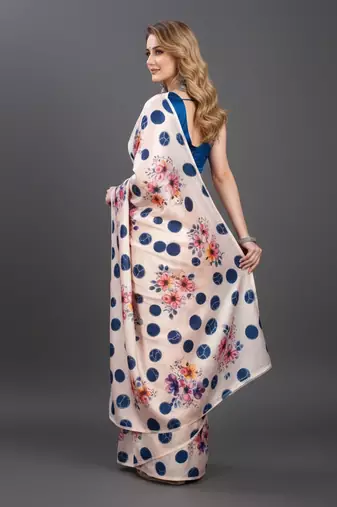 Cream printed satin saree with blouse piece