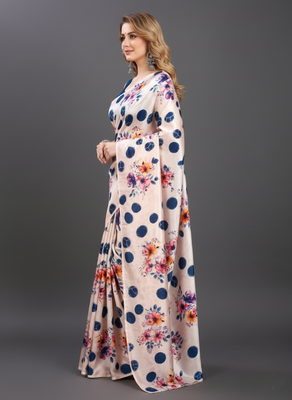 Cream printed satin saree with blouse piece 3
