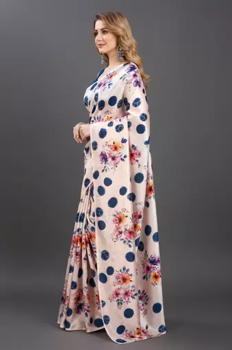 Cream printed satin saree with blouse piece