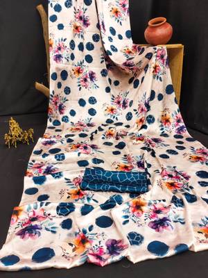 Cream printed satin saree with blouse piece 4