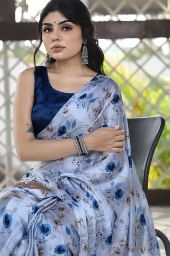 White printed satin saree with blouse piece