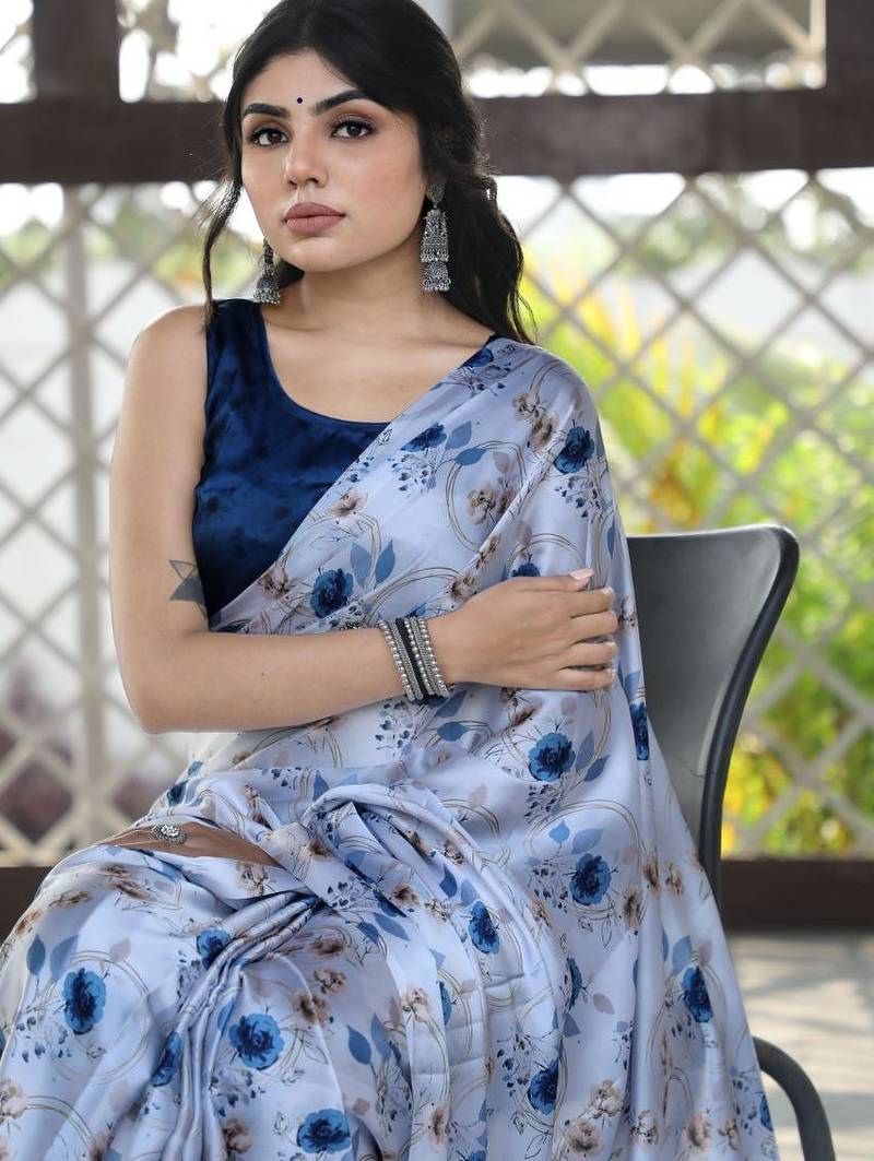 White printed satin saree with blouse piece