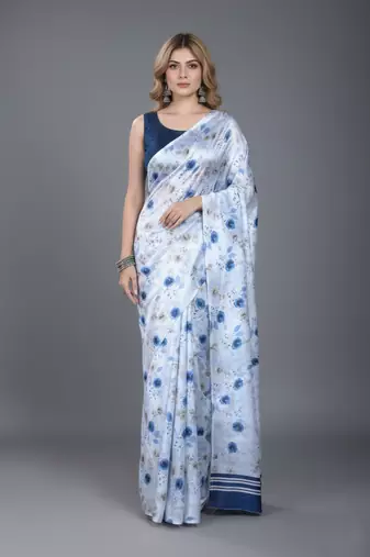 White printed satin saree with blouse piece
