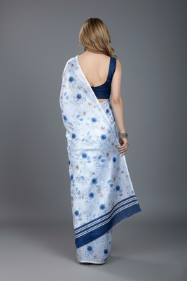 White printed satin saree with blouse piece 3