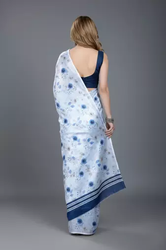 White printed satin saree with blouse piece