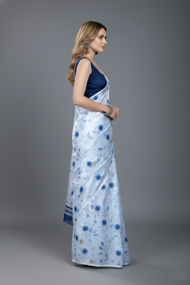 White printed satin saree with blouse piece 4