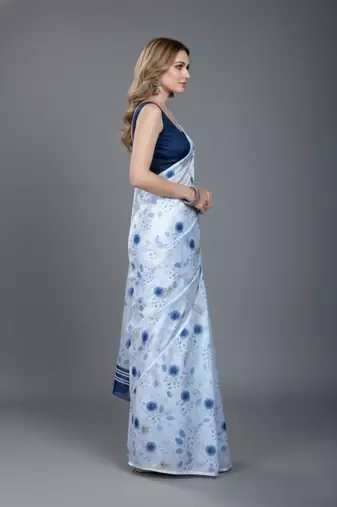White printed satin saree with blouse piece