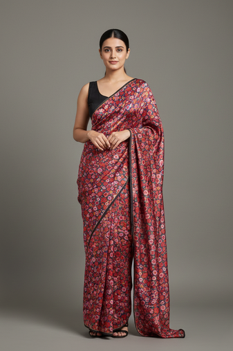 Red printed satin saree with blouse piece
