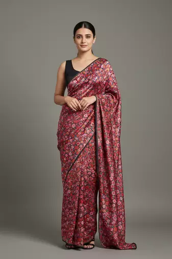 Red printed satin saree with blouse piece