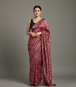 Red printed satin saree with blouse piece