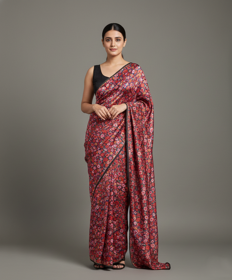 Red printed satin saree with blouse piece