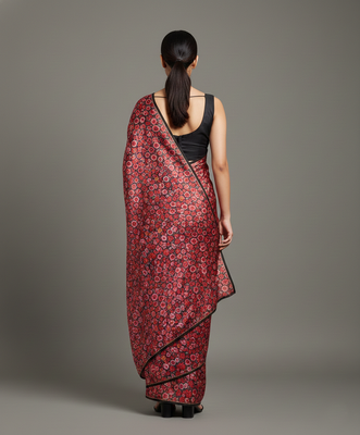 Red printed satin saree with blouse piece 2