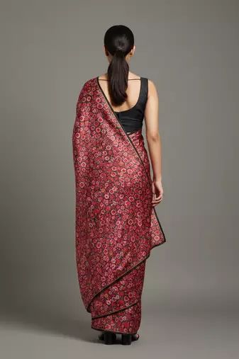 Red printed satin saree with blouse piece