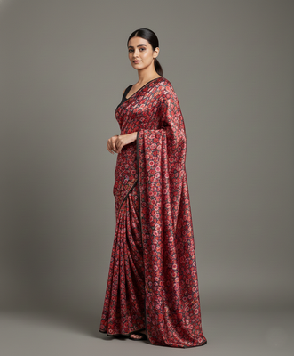 Red printed satin saree with blouse piece 3