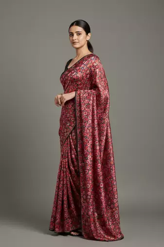 Red printed satin saree with blouse piece
