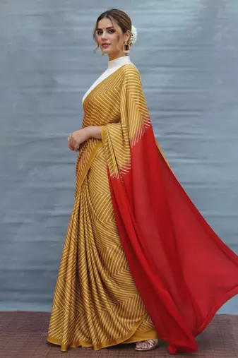 Mustard printed satin saree with blouse piece