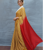 Mustard printed satin saree with blouse piece