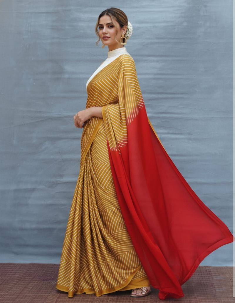 Mustard printed satin saree with blouse piece