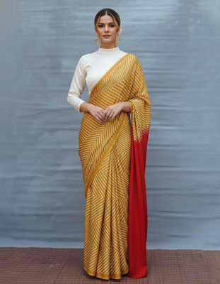Mustard printed satin saree with blouse piece 2