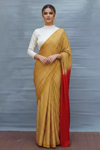 Mustard printed satin saree with blouse piece