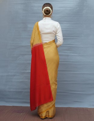 Mustard printed satin saree with blouse piece 3