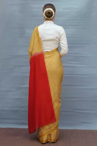Mustard printed satin saree with blouse piece