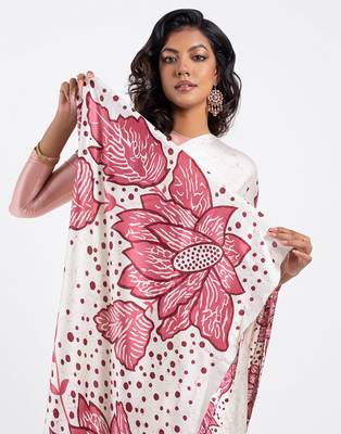 White printed satin saree with blouse piece 1