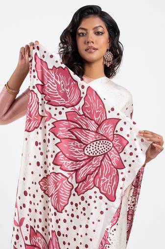 White printed satin saree with blouse piece