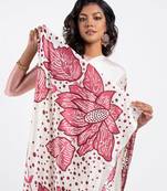 White printed satin saree with blouse piece